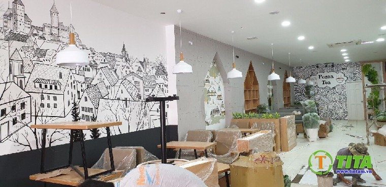 trang trí tranh dán tường quán cafe hiện đại mang đến không gian sang trọng