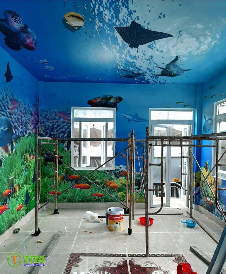 Thi công tranh dán tường cho bé trang trí trần phòng ngủ bé trai hình đại dương